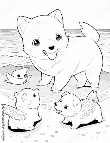 Black and White Illustration of Cute Anime Style Dogs