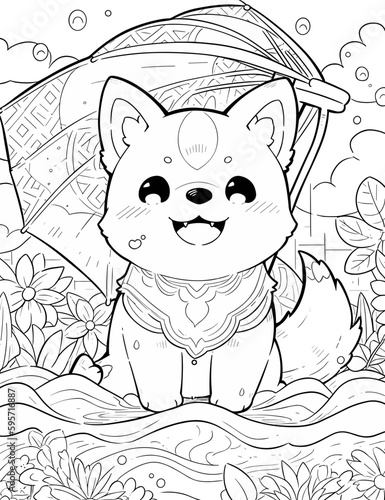 Black and White Illustration of Cute Anime Style Dogs