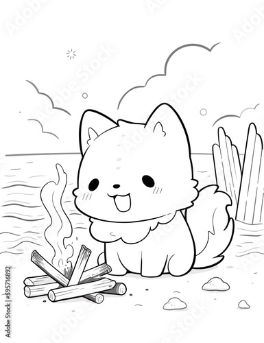 Black and White Illustration of Cute Anime Style Dogs