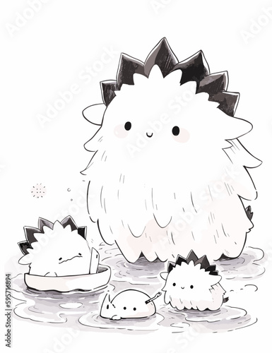 Black and White Illustration of Cute Anime Style Dogs