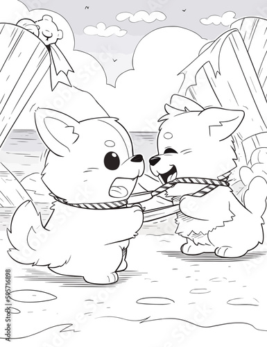 Black and White Illustration of Cute Anime Style Dogs photo