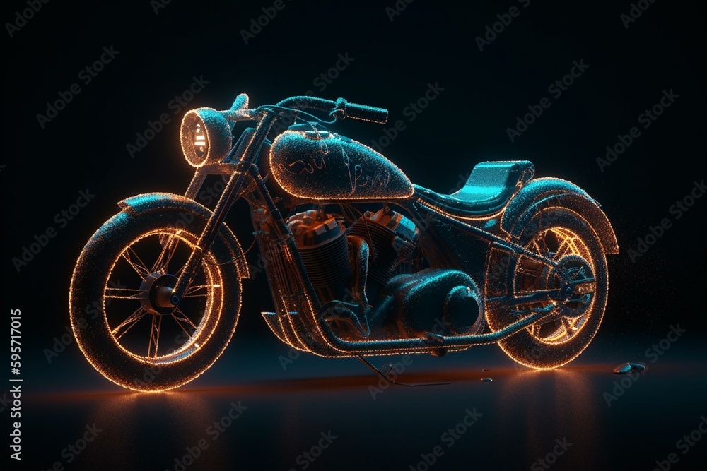 3D motorcycle made of glowing lines and dots. Generative AI