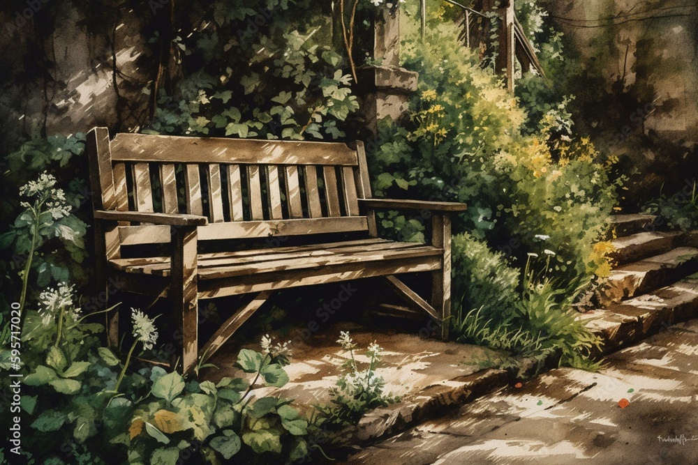 Watercolor painting of a garden bench. Generative AI