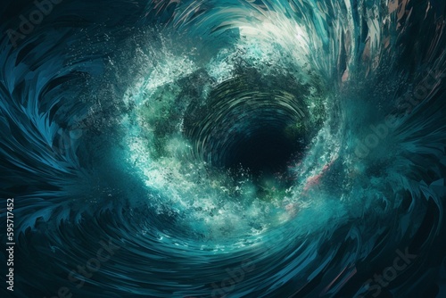 A digital artwork with cool shades of blue and green swirling in a vortex. Generative AI