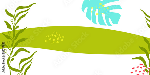 Summer bright abstract background for the poster. Horizontal, with plants, palm leaves, dots. Wallpaper design for posters, screensavers. Vector illustration.