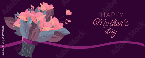 Happy mothers day illustration with woman holding a Flowers. Thank you card with blooming flowers. Use for Boarding Pass, birthday card, invitations, Birthday card Vector illustration
