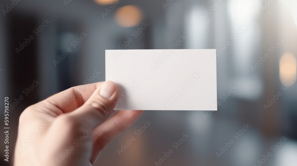 Hand hold blank plain white business card design mockup. Clear calling cards mock up template holding arm. Generative AI. Hand hold blank plain white business card design mockup. Clear calling cards mock up template holding arm. Generative AI.