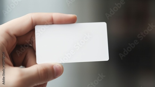 Hand hold blank plain white business card design mockup. Clear calling cards mock up template holding arm. Generative AI.