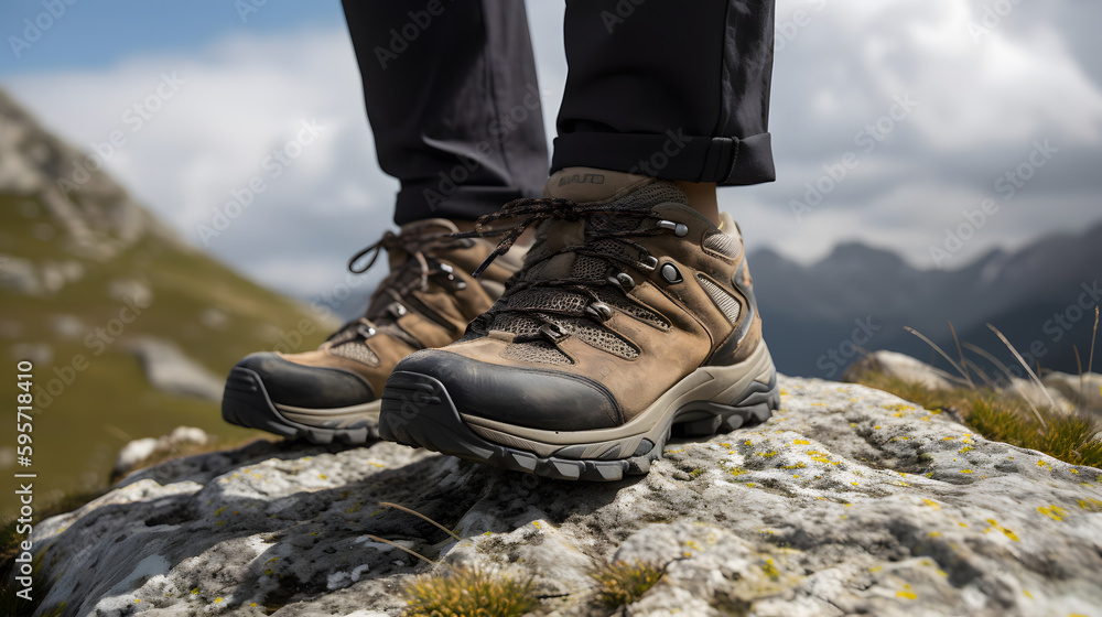 Sucessfull hiker standing on top of mountain peak, Generative AI Sucessfull hiker standing on top of mountain peak, Generative AI