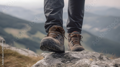 Sucessfull hiker standing on top of mountain peak, Generative AI