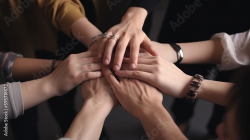 Hand join together for work togetherness, Hand stack for business and service, Team volunteering or teamwork. Generative AI.