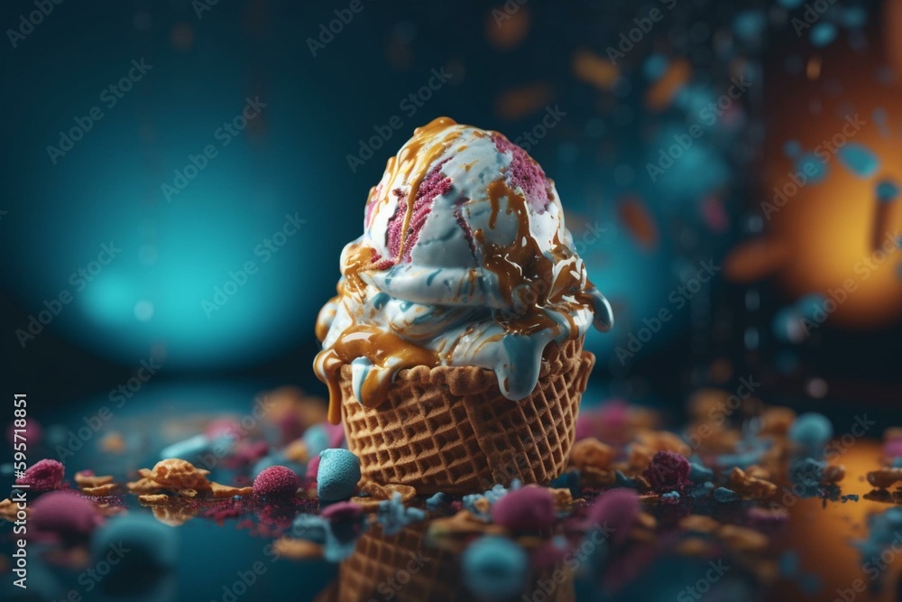 Delicious ice cream with topping in AI-generated studio background. Generative AI