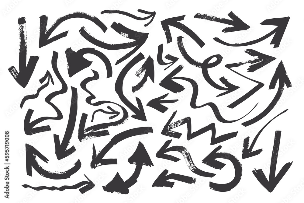 Set of sketch vector hand drawn textured black arrows. Unique scratched brush stroking arrow textures collection for graphic design, decoration, patterns, logo
