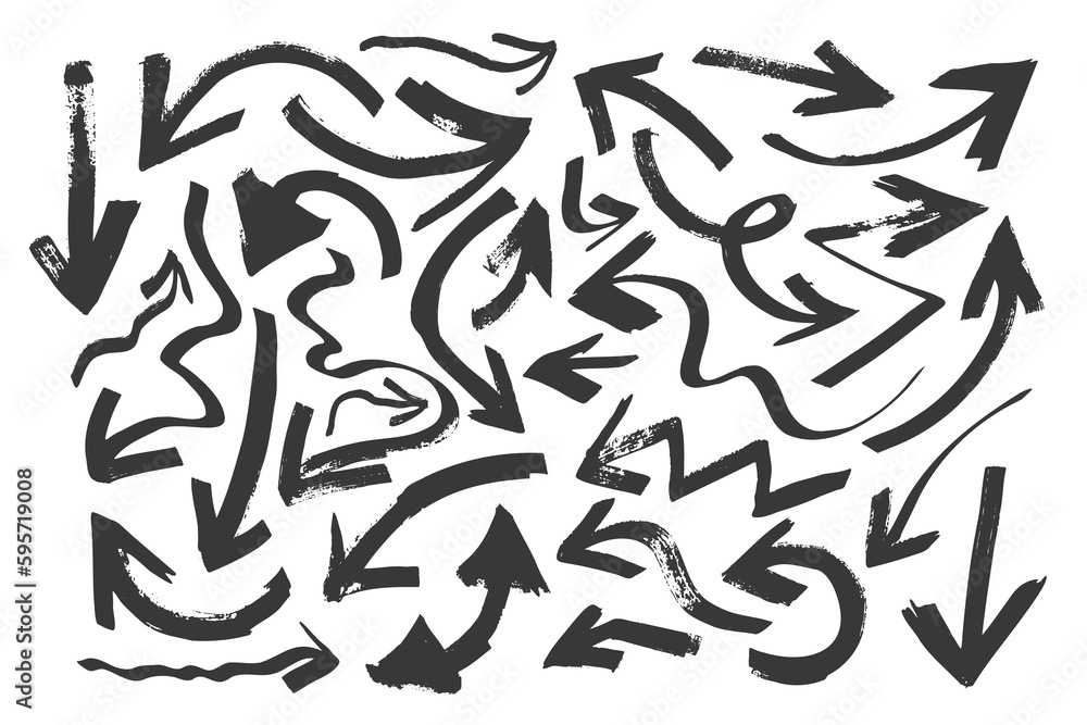 Set of sketch vector hand drawn textured black arrows. Unique scratched brush stroking arrow textures collection for graphic design, decoration, patterns, logo Set of sketch vector hand drawn textured black arrows. Unique scratched brush stroking arrow textures collection for graphic design, decoration, patterns, logo
