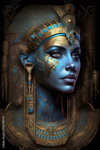 Generative AI. A mysterious and ancient women with a blue and gold head