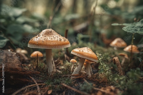 Close-up of mushrooms in their natural habitat with selective focus. Generative AI