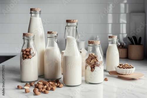 Assortment of vegan milk bottles with ingredients on white marble. Generative AI