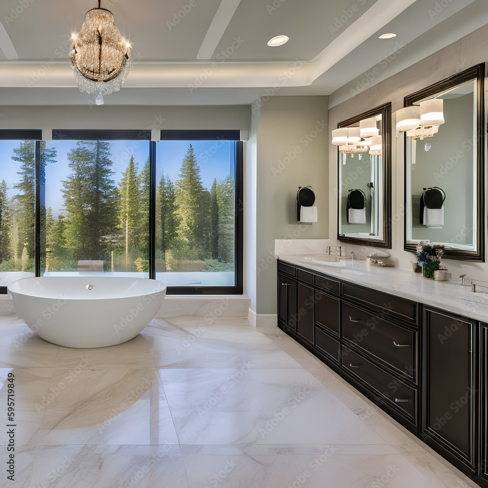 17 A luxurious master bathroom with a double vanity, marble tile, and a freestanding tub3, Generative AI