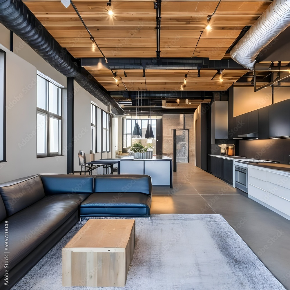 Image showcasing 16 An urban loft-style living room with exposed ductwork, concrete ...