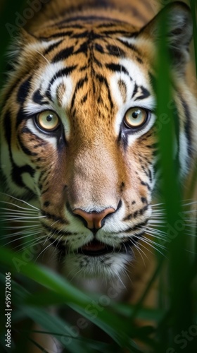 A majestic tiger stalking toward the viewer through the tall grass. Generative AI.