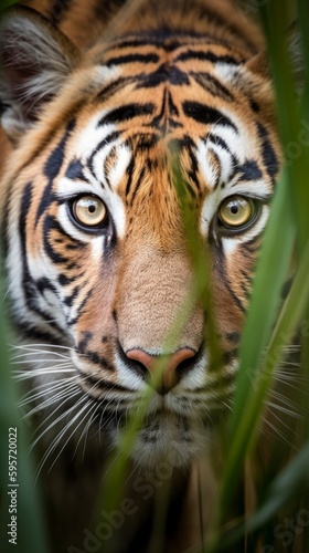 A majestic tiger stalking toward the viewer through the tall grass. Generative AI.