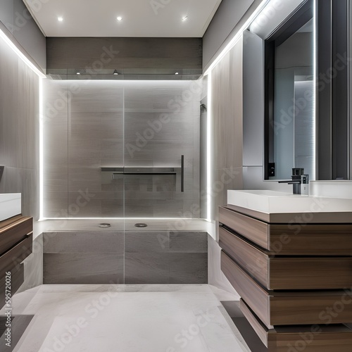 11 A minimalist bathroom with white tile  a floating vanity  and a frameless shower door5  Generative AI