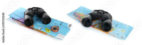 Binoculars, maps and compass on white background