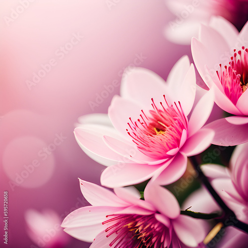 Closeup View of Delicate Pink Cherry Blossoms with Petals on the Ground on a Fading Pink Gradient Background   Generative AI