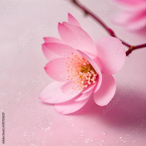 Isolated and Closeup View of a Delicate Pink Cherry Blossoms with Petals on the Ground on a Bright Pink Gradient Background | Generative AI