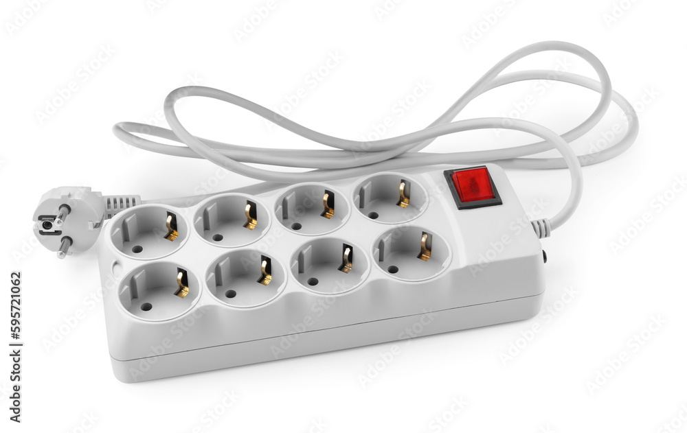 Power strip with extension cord on white background. Electrician's equipment Power strip with extension cord on white background. Electrician's equipment