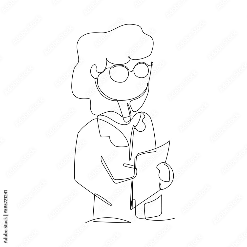 Continuous one line drawing of a woman doctor in glasses holding a clipboard. Vector illustration Continuous one line drawing of a woman doctor in glasses holding a clipboard. Vector illustration