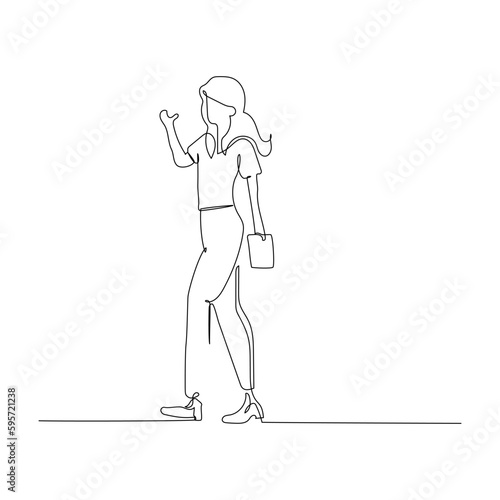 continuous line drawing of a young woman walking with a briefcase. Vector illustration for education or business design