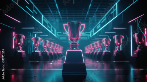 E-Sports trophy at studio illuminated by neon lights with blurred background. Generative AI.
