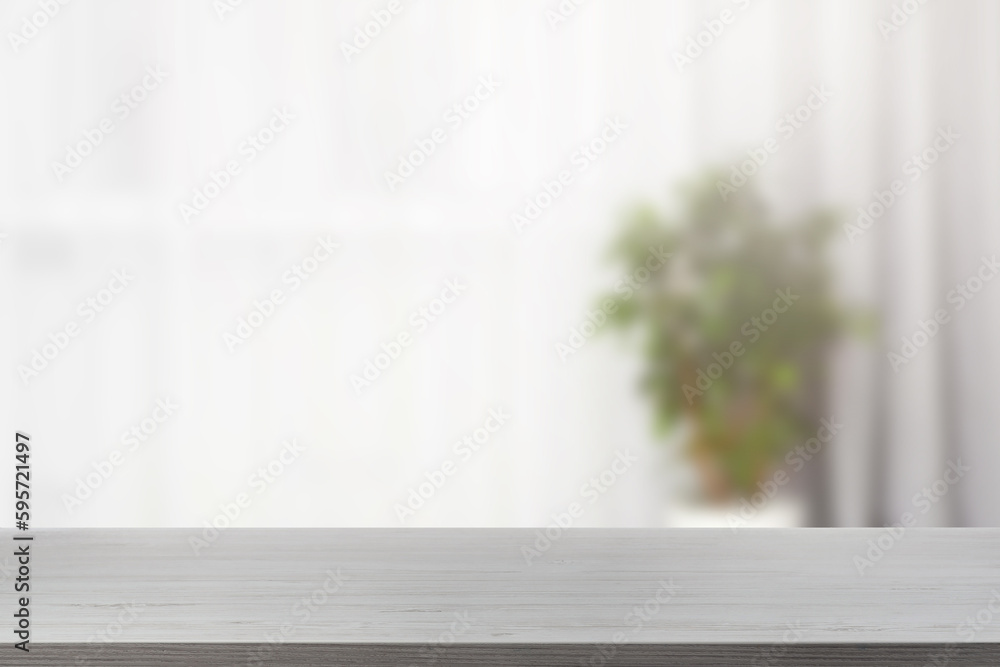 Empty white wooden table against window with curtains indoors. Space for design Empty white wooden table against window with curtains indoors. Space for design
