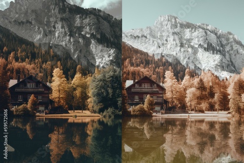 Swiss landscapes with house, trees, lake and mountains, pixelated in 8 bit style for retro games. Generative AI