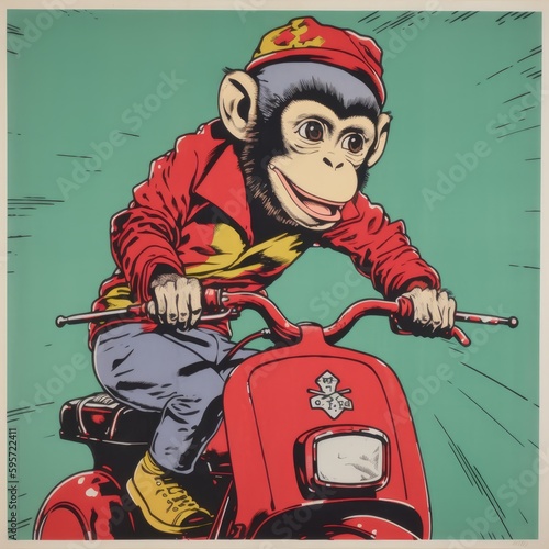 Fun Monkey Riding a Retro Scooter Bike Art Illustration