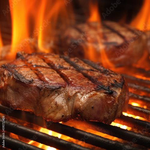 Steaks cooking on a grill with Flames on them