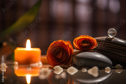 Spa still life with a lit candle  roses and pebbles. 