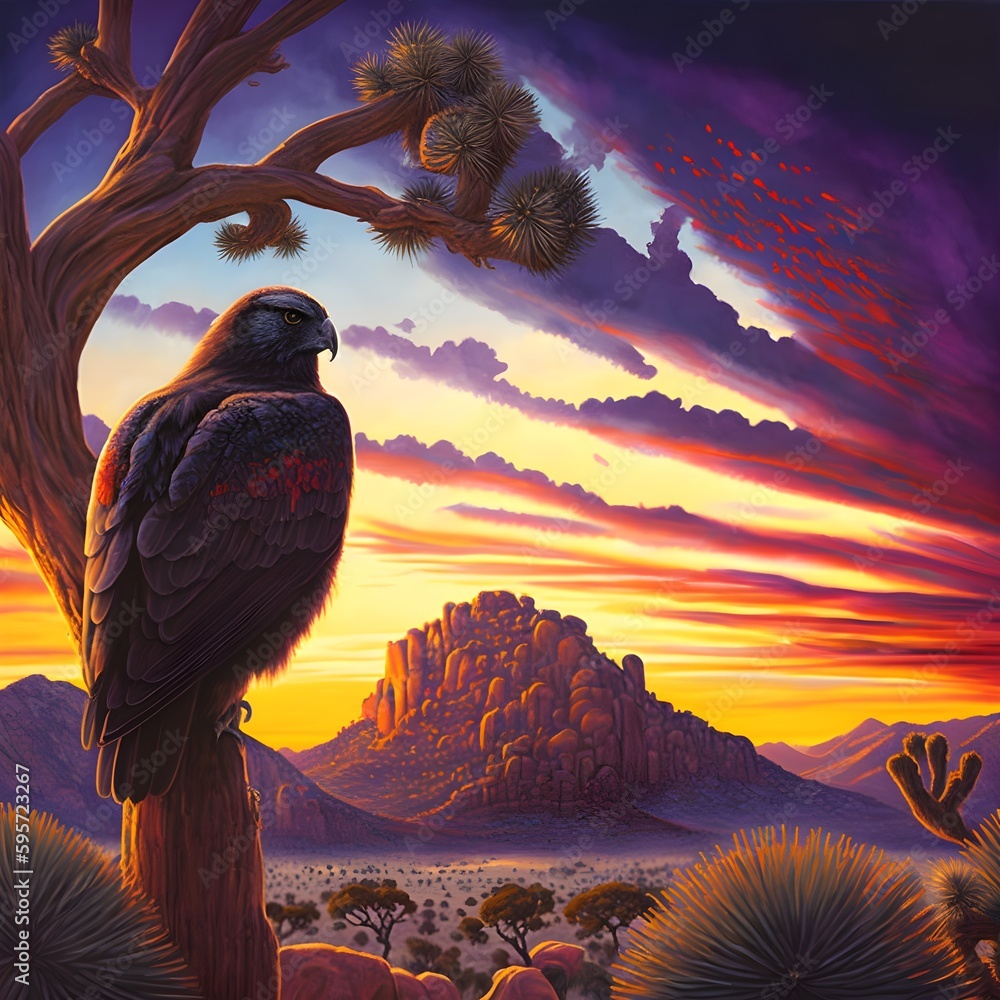 surreal painting of Joshua tree at sunset an eagle looks over the vast