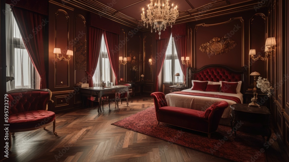 Fototapeta premium Concept illustration of a luxury red hotel suite interior in a baroque style. Generative AI.