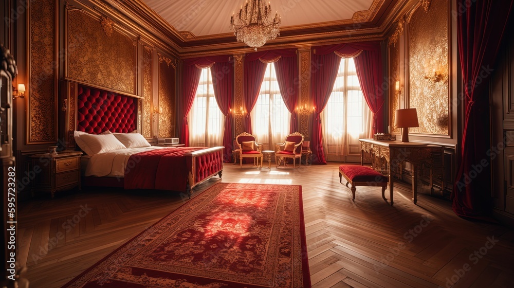 Concept illustration of a luxury red hotel suite interior in a baroque style. Generative AI.
