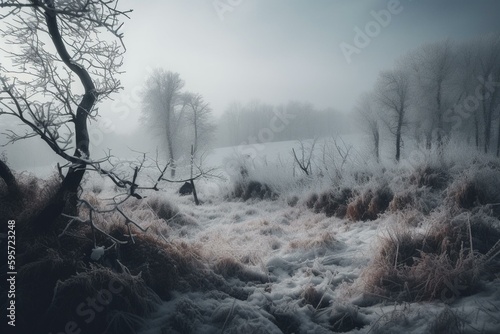 Trees covered in snow in a winter landscape. Generative AI © Gabriela