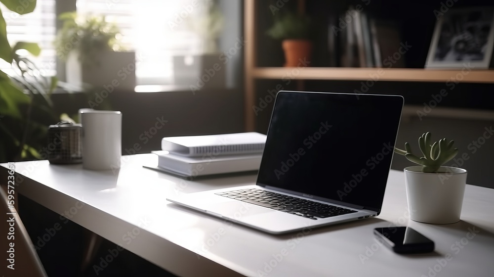 Laptop in wooden desk, home office. AI generated Laptop in wooden desk, home office. AI generated