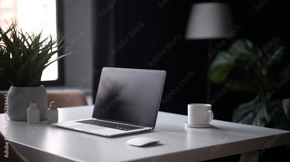 Laptop in wooden desk, home office. AI generated Laptop in wooden desk, home office. AI generated