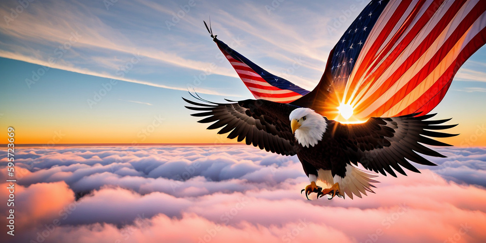 Fototapeta premium Eagle With American Flag Flies on the clouds - AI generated