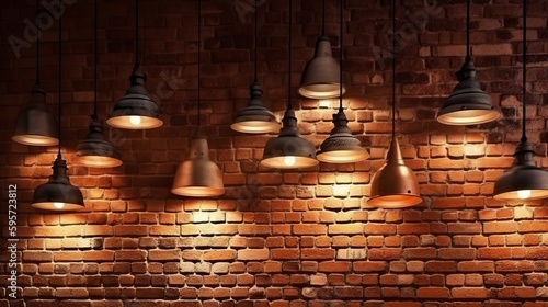 Many pendant lamps againts red brick wall. Al generated