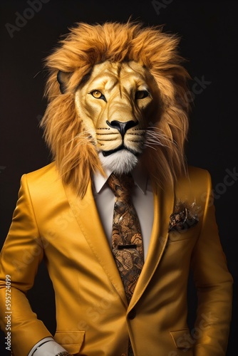 Lion Wearing Beautiful Tailored Golden Suit. Generative ai