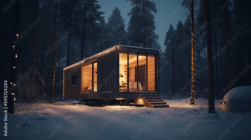 Modern tiny house in winter forest barnhouse cozy. Al generated - obrazy, fototapety, plakaty 