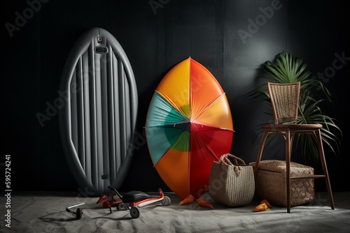 Vivid surfboard, swim ring, parasols and luggage against grayscale background. Generative AI photo