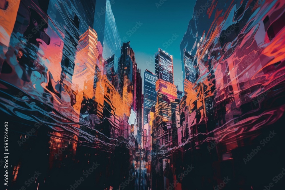 Abstract cityscape with glitchy, colorful skyscrapers. Generative AI